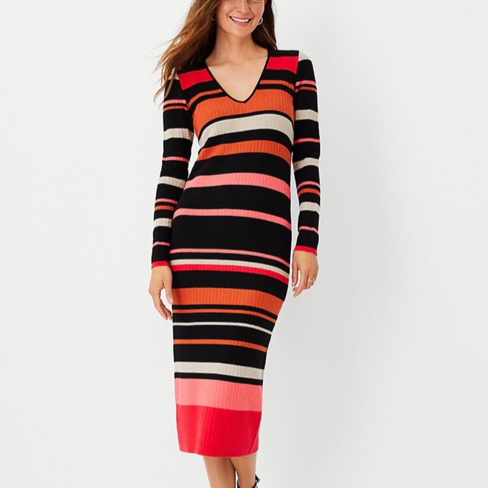 Mixed stripe V-neck sweater dress